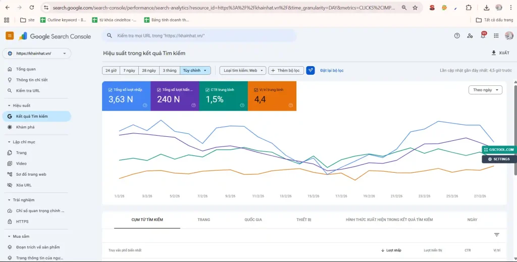Google search console tháng 02.2026 của Khai Nhật