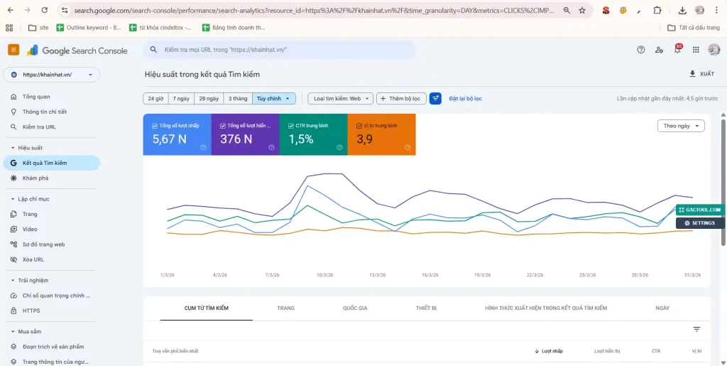 Google search console tháng 03.2026 của Khai Nhật